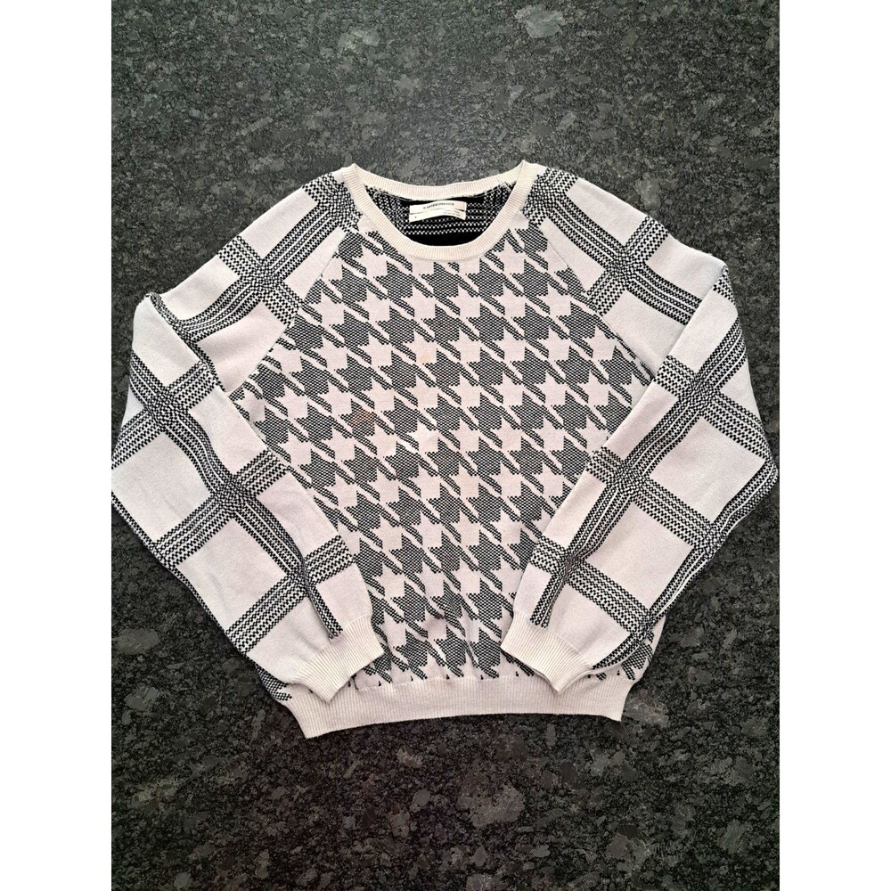 Anthropologie Black Gray Houndstooth Cotton Knit Crewneck Pullover Sweater S